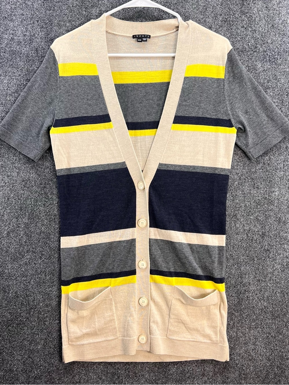 Theory Gwyneth S/S Cardigan Sz M 100% Wool Striped Navy Yellow Preppy Work Nerd